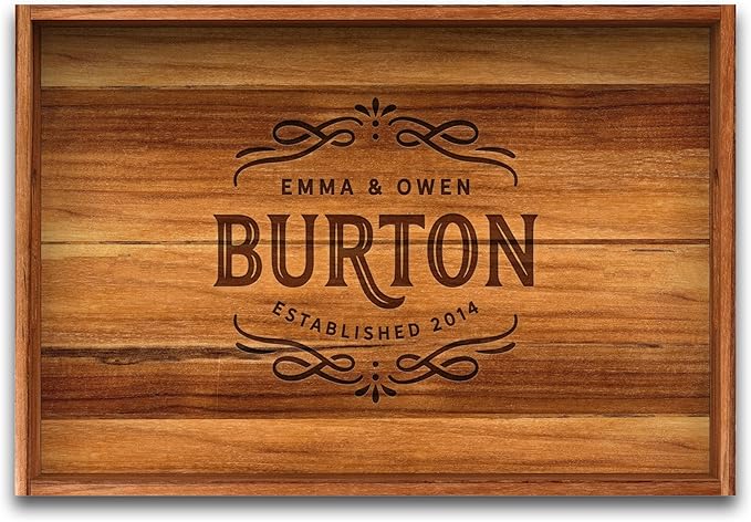 Wooden Teak Tray with Handles - Engraved First Last Names and Established Year