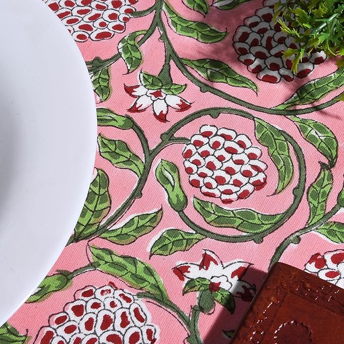 Ridhi Block Print Round Strawberry Pink Reusable Tablecloth 100% Cotton 60" Inch Decorative Table Cover eveyday Dining, Home, Party, Wedding, Farmhouse Gift for Spring, Easter, Valentine