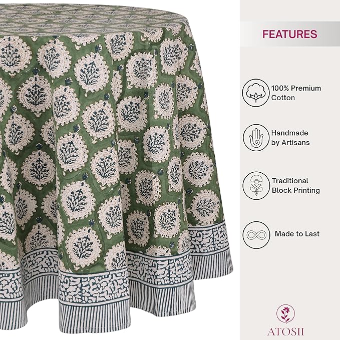 ATOSII Kari Green 100% Cotton Round Tablecloth, Handblock Print Floral Table Cloth for Kitchen Dining Linen I Parties, Weddings, Outdoors, Easter, Spring Summer Decor I 60" Inches Round