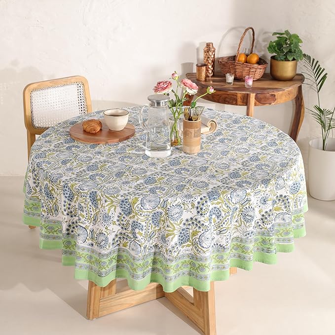 Hand Block Printed Table Cover - Exquisite Design, Premium Cotton Fabric, Perfect for Dining and Decor, Dining Table Linen(Moss Green,6 Seater 72 Inches Round)