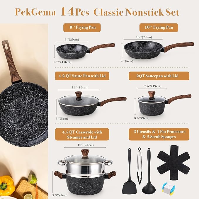 PekGema 14 Pcs Ceramic Cookware Sets, Pots and Pans Set Nonstick, Non Toxic Healthy Non stick Kitchen Cooking Set, Induction Cookware with Frying Pan Set, PFAS PTFE PFOA FREE, Black