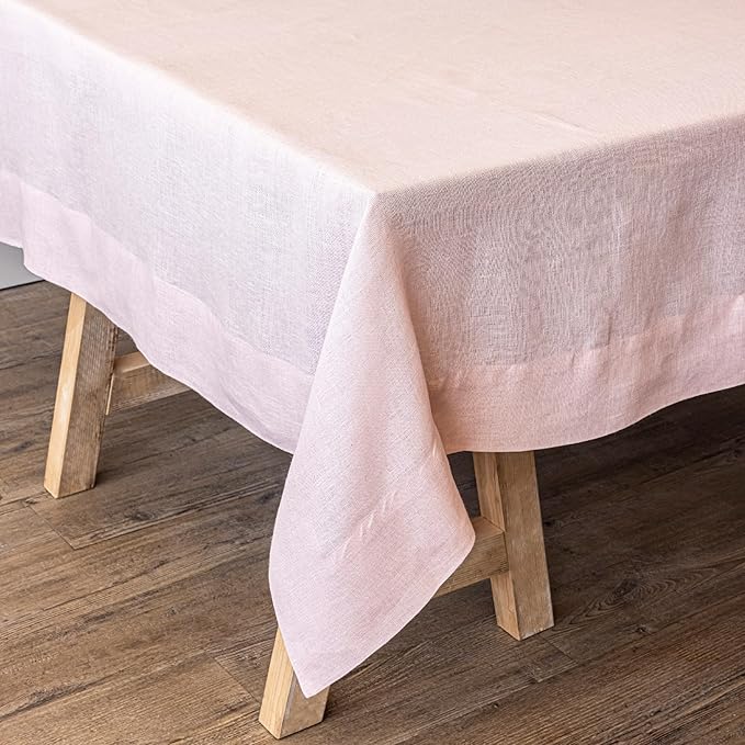Over&Back 100%-Linen Woven Tablecloth - Colorful Dining Room Table Cover - Mitered Corner Hems - Machine Washable - Kitchen and Home Decor - Pink - 70x108
