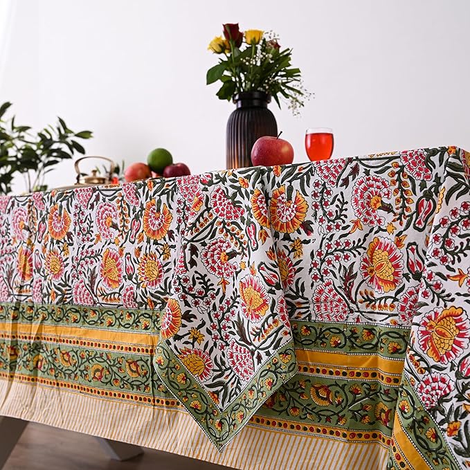 Hand Block Printed Cotton Tablecloth – Elegant Floral Design Perfect for Dining Table Kitchen Parties Home Decor, Wall Tapestry (Yellow Sunflower, 4 Seater 60 x 60 Inches Square)
