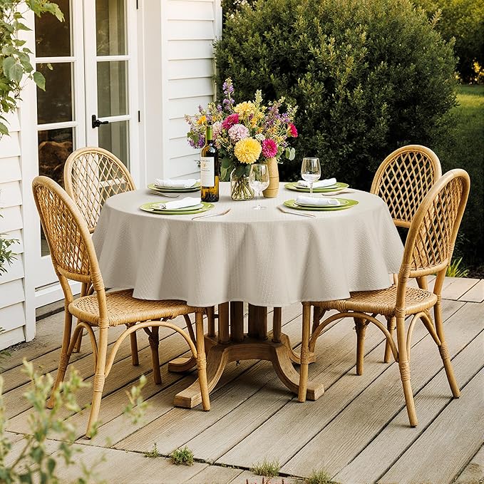 MIULEE Natural Beige Linen Cotton Table Cloth Round Tablecloth Spring Waterproof Spillproof Cross-Star Textured Table Cltoth Decorative Farmhouse Style for Dining Party Weddings 60 Inch