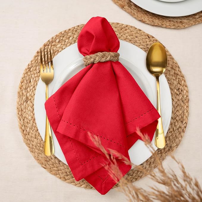 Blue Needles Set of 6 Hemstitch Linen Napkins 100% Cotton Red Cloth Dinner Napkins 18x18 inches, Soft, Reusable, Absorbent, Washable, Ideal for Valentine's Day Events, Parties & Everyday Use