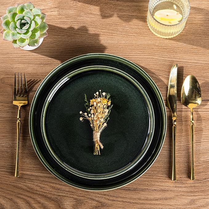 GBHOME Ceramic Dinnerware Sets for 4, 12 Pieces Stoneware Plates and Bowls Sets, Scratch Resistant Dishes, Dishwasher & Microwave Safe, Reactive Glaze-Earth Green