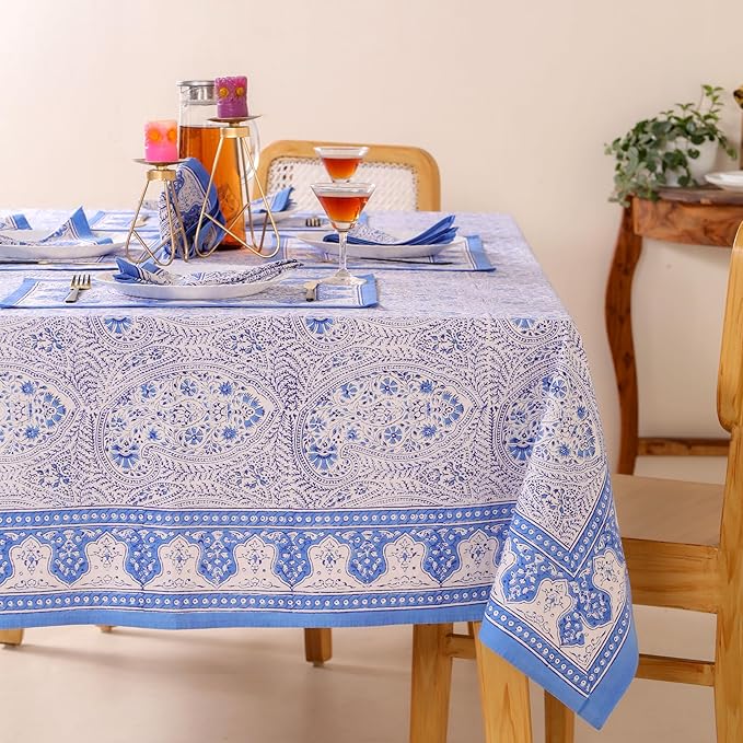 Hand Block Printed Table Cover - Exquisite Design, Premium Cotton Fabric, Perfect for Dining and Decor, Dining Table Linen(Arctic Blue,8 Seater 70 x 108 Inches Rectangle)