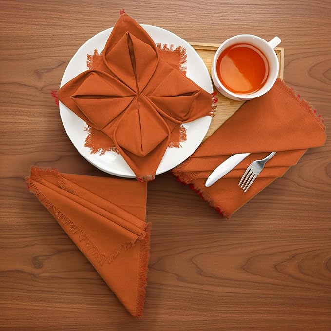 Lightnpro Cotton Napkins Set of 12, Beautiful Handmade Fringe Dinner Cloth Napkins, Washable and Reusable for Dining, Parties, Weddings, Holiday & Everyday Use - 18x18 Inch Rust Color
