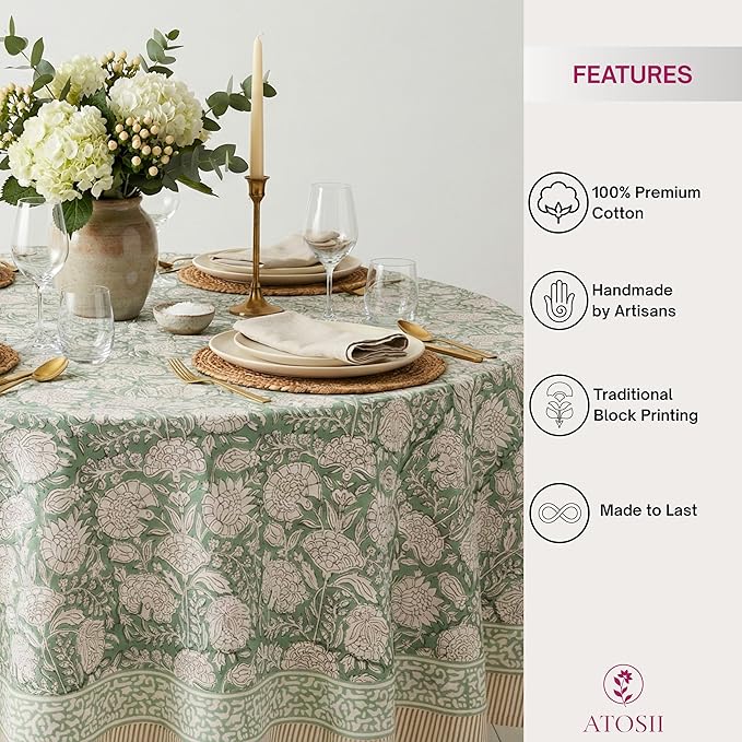 ATOSII Jade 100% Cotton Boho Round Tablecloth, Block Print Floral Table Cloth Linen for Dining, Parties, Weddings, Outdoors I Table Decor I 60" Inches Round