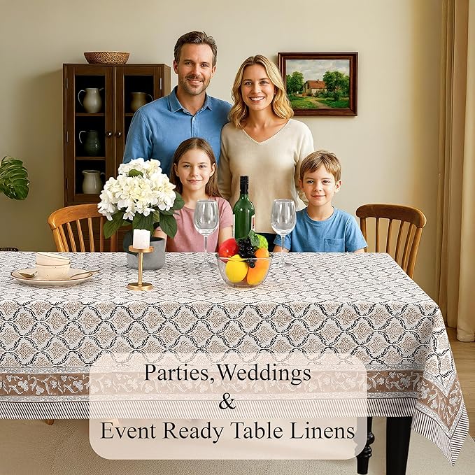 CPC Sandstone Regal Tablecloth 100% Cotton 70x108 Inch Indian Block Print Rectangle Table Cover, Table Cloth for Gifting in Weddings, Halloween, Fall, Christmas, Thanksgiving
