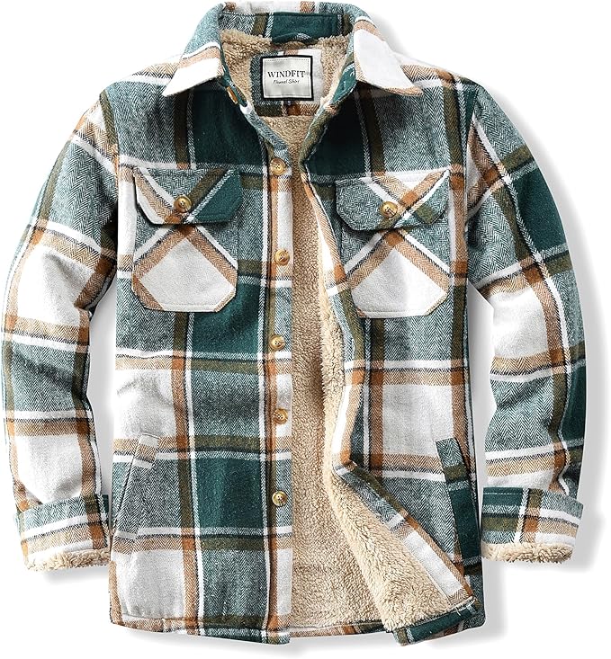 Men's Cotton Sherpa Lined Button Down Flannel Shirt Jacket Plaid Soft Outdoor Flannel Jacket Shirt