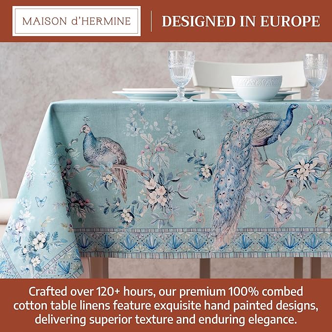 Maison d' Hermine Premium Table Cloth Rectangle Table 100% Combed Cotton 120 x 70 Inches Tablecloth Reusable Decorative for Dining Room Home Party Festive Wedding - Peacock Utopia - Pastel Turquoise