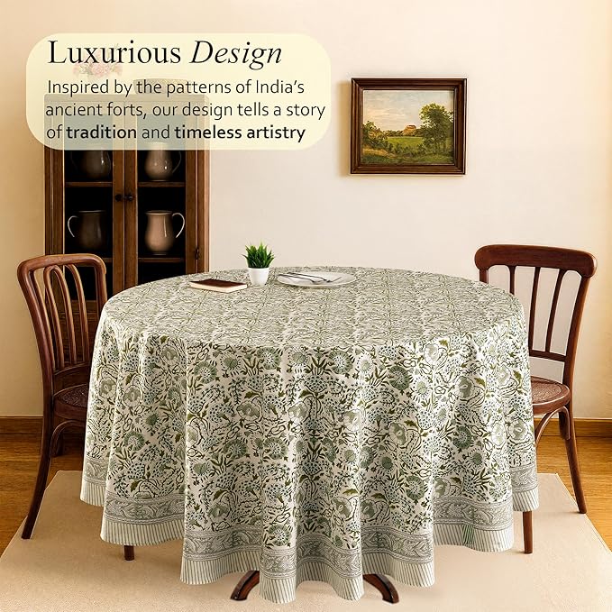 CPC Round Tablecloth- Cotton Indian Block Print Tablecloth -Handmade Printed Washable Cotton Table Cloth - Spring/Summer, Wedding Table Cover - Agate Green 60 Inches