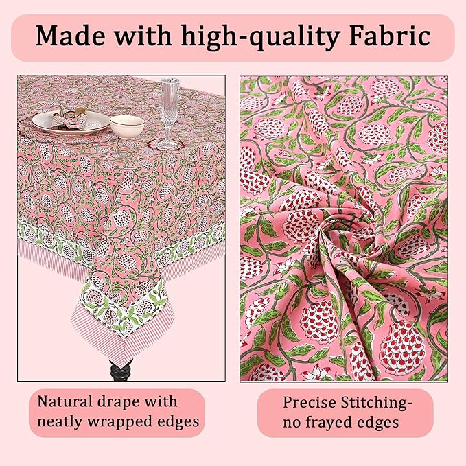 Ridhi Hand Block Print Strawberry Pink Rectangle Cotton Tablecloth 90" x 60" Reusable Table Cover Decorative Everyday Use for Dining, Farmhouse, Home Gift for Spring, Easter, Valentine