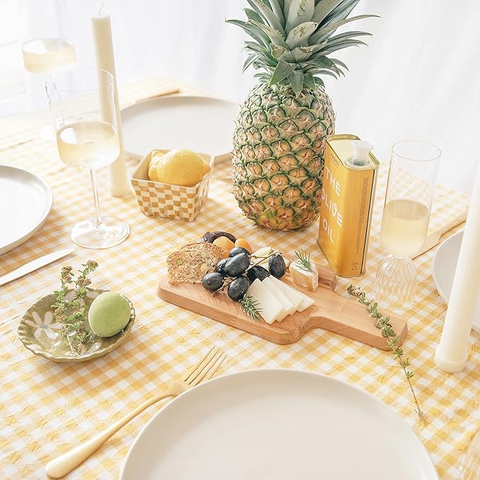 MONDAY MOOSE Gingham Checkered Farmhouse Rustic Picnic Style Decoration Rectangle Natural Stonewashed Cotton Tablecloth for Kitchen, Dining Room, Restaurant (55x70 inch, Yellow/Beige)