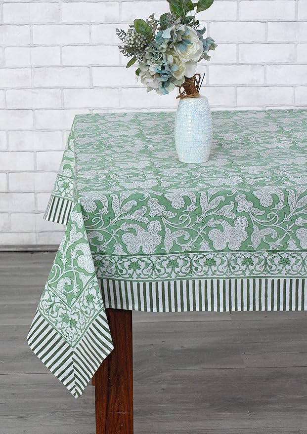 Ridhi Hand Block Print Sage Green Rectangle Cotton Tablecloth 160" x 72" Reusable Table Cover Decorative Everyday Use for Dining, Farmhouse, Home Gift for Spring, Easter, Valentine