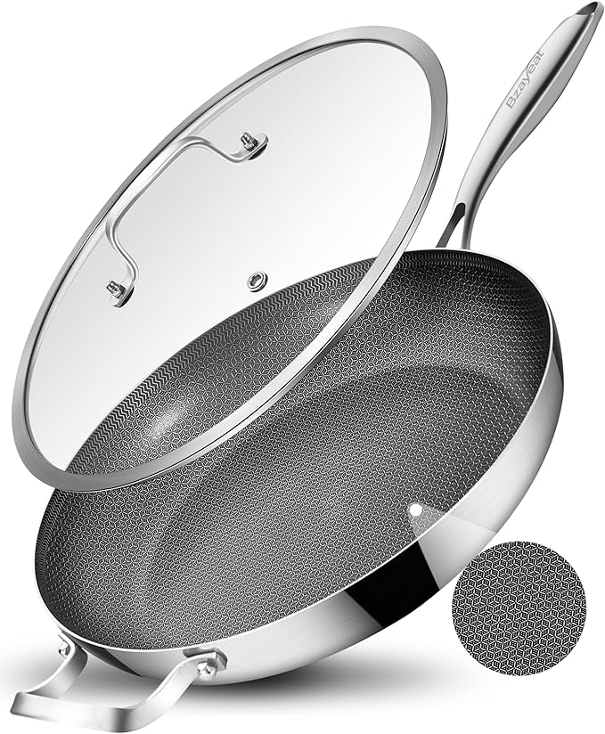 12 Inch Non-Stick Ceramic Stainless Steel Frying Pan - With Lid & Helper Handle, Induction Compatible Skillet, Dishwasher & Oven Safe Up to 600°F, Detachable Handle, Perfect for 4 People