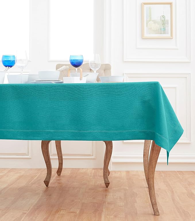 Solino Home Teal Linen Tablecloth 60 x 108 Inch - Classic Hemstitch, 100% Pure Linen Rectangular Tablecloth - Machine Washable Table Cloth