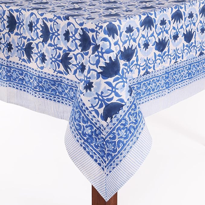 ATOSII Positano Blue 100% Cotton Rectangle Fall Tablecloth, Handblock Floral Linen Table Cloth for Dining Table I Parties Christmas Thanksgiving Grand Millennial Home Decor 72 X 140 Inches I 12 Seater