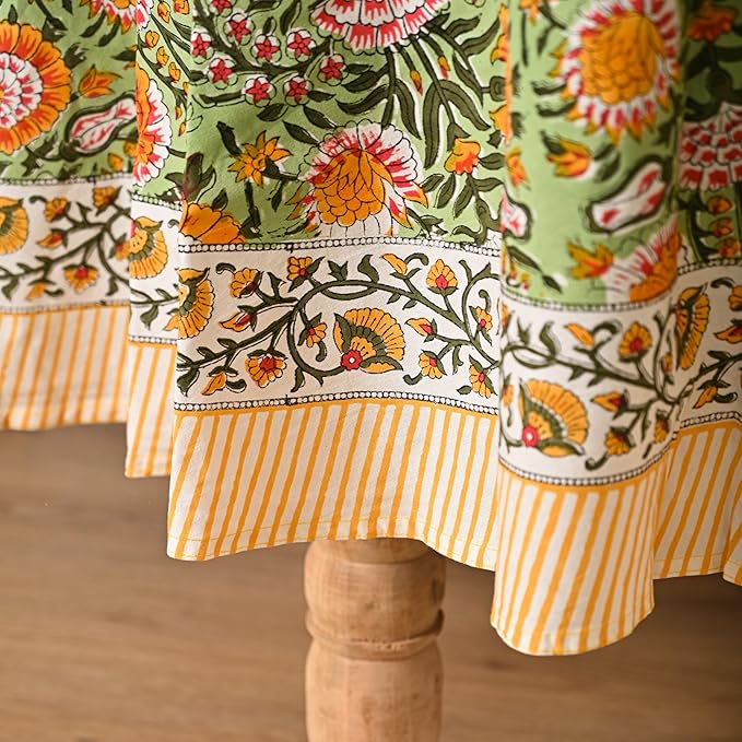 Hand Block Printed Cotton Tablecloth – Elegant Floral Design Perfect for Dining Table Kitchen Parties Home Decor, Wall Tapestry (Daisy Sunshine, 6 Seater 72 Inches Round)