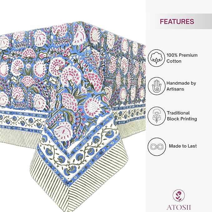 ATOSII Clover Pink 100% Cotton Rectangle Boho Fall Tablecloth, Handblock Floral Table Cloth Linen for Kitchen Dining I Parties Wedding Outdoors Christmas Thanksgiving I 72 X 108 Inches I 8 Seater