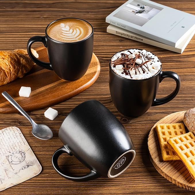 GBhome 12oz Coffee Mugs Set of 6, Large Ceramic Coffee Mugs for Man, Woman, Dad, Mom, Modern Coffee Mugs Set with handle for Tea/Latte/Cappuccino/Milk/Cocoa. Dishwasher&Microwave Safe,Matte Black