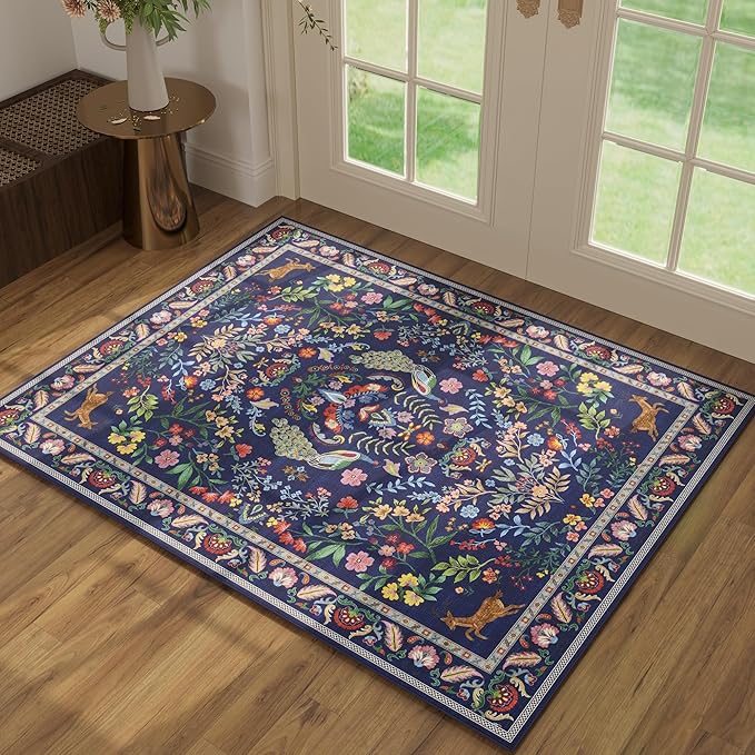 Rugcomf Round Rug 6ft Washable Circle Rug Floral Non Slip Low Pile Small Circular Rug for Bedroom, Bathroom, Entryway, Kids Room, Office(Blue)