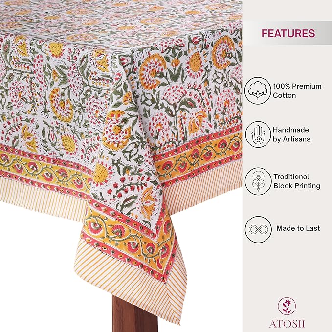 ATOSII Clover Yellow 100% Cotton Rectangle Fall Tablecloth, Handblock Floral Print Linen Table Cloth for Kitchen Dining I Parties, Weddings, Outdoors, Christmas, Thanksgiving Decor 60 X 90 Inches