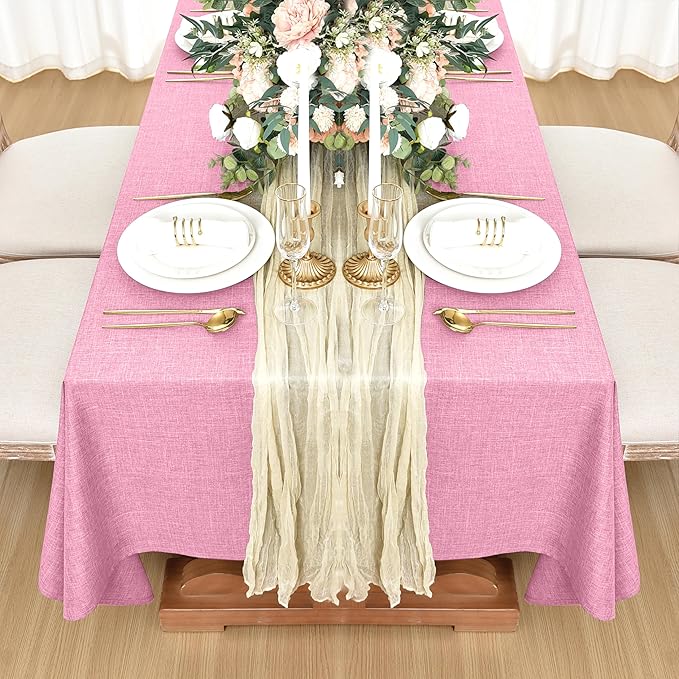 Fitable Faux Linen Tablecloths for Rectangle Tables: Water & Stain Resistant Farmhouse Table Cloth, Washable Burlap Textured Table Covers for Kitchen Dining Party(2 Pack, 60x120 Inch, Pink)
