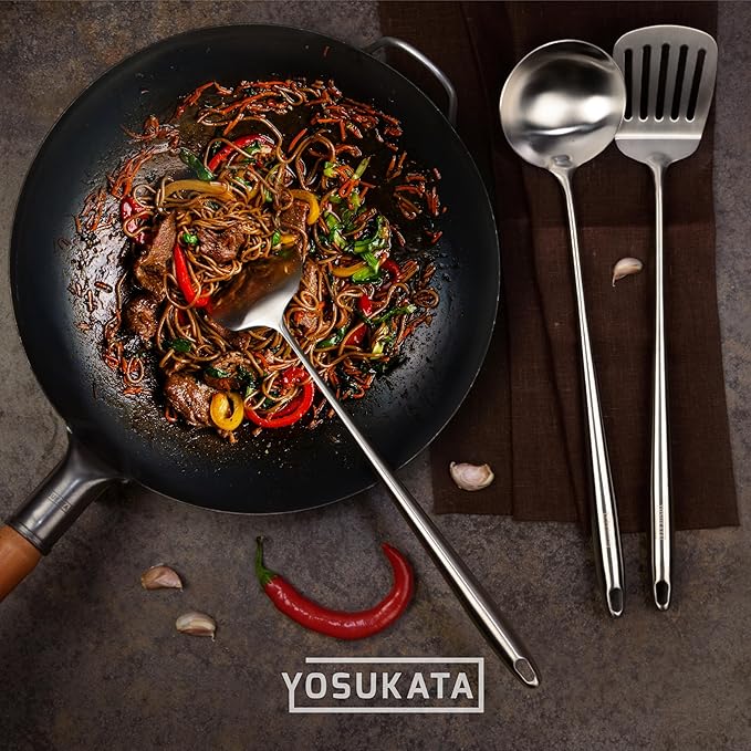 YOSUKATA Carbon Steel 11.8" Stir Fry Wok Pan - Pre-Seasoned Chinese Wok with Flat Bottom, Black Wok for Induction Gas Stovetops + 17" Wok Spatula and Ladle and Turner Spatula - Stainless Stee