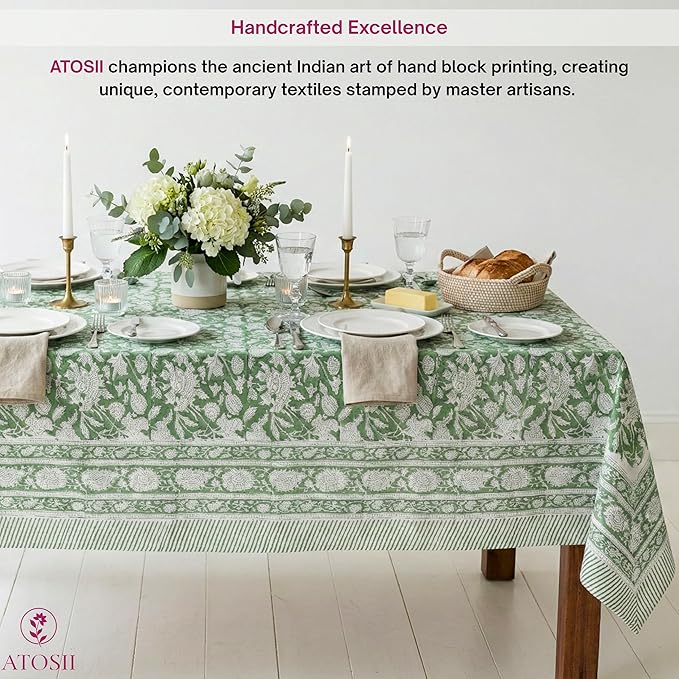 ATOSII Meraki Green 100% Cotton Rectangle Tablecloth, Hand Block Print Washable Table Cover, Dining, Christmas Parties, Outdoors, Weddings, Thanksgiving, Halloween, Fall Decor 60 X 90 Inches, 6 Seater