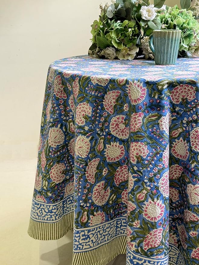 ATOSII Clover Pink 100% Cotton Round Tablecloth, Block Print Floral Table Cloth for Dining, Parties, Weddings, Outdoors, Holidays I 90" Inches, 6 Seater I Grandmillennial Farmhouse Spring Summer