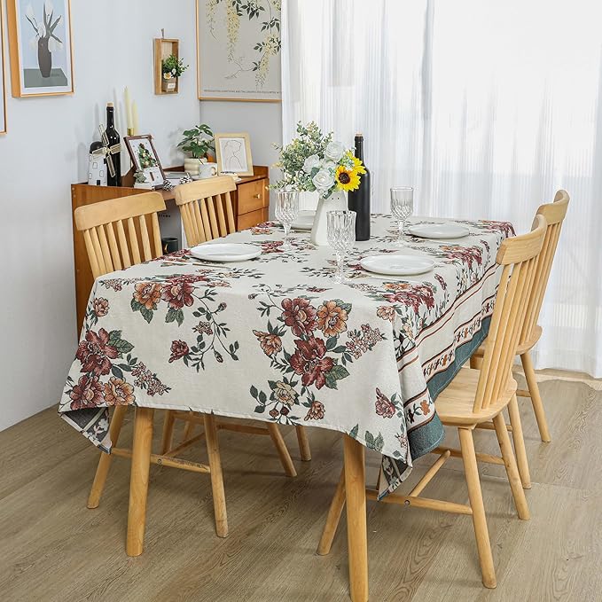 Dimatic Cotton and Linen Rectangular Tablecloth with Botanical Elements for Desks, Dining Tables, Home Table Cloths, Party and Holiday Decorations, Red 55 x 118 Inches