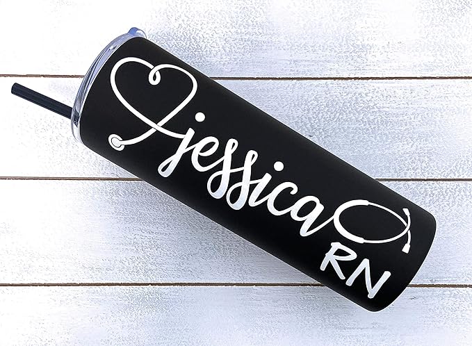 20 oz Personalized Nurse's Stainless Steel Vinyl Decal Tumbler with Custom Stethoscope Name by Avito - Includes Straw and Lid - Nurse RN - Nurse Gift