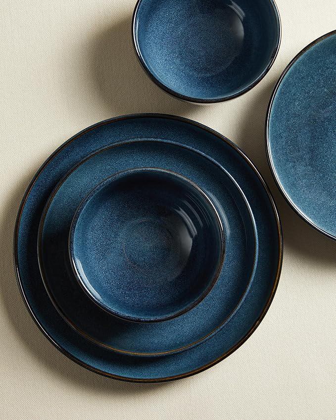 24 Piece Double Bowl Dinnerware Sets with Pasta Bowls, Highly Chip and Crack Resistant Plates and Bowls Sets, Natural Earthyware Ceramic Dishware Sets, Service for 6 Starry Blue