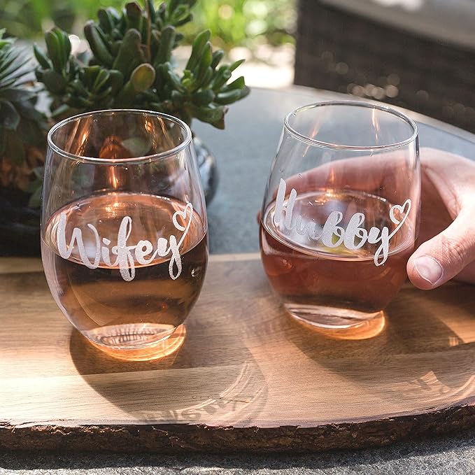 Hubby and Wifey Wine Glasses - Mr and Mrs Wedding - Engagement Anniversary Couple 20oz Stemless