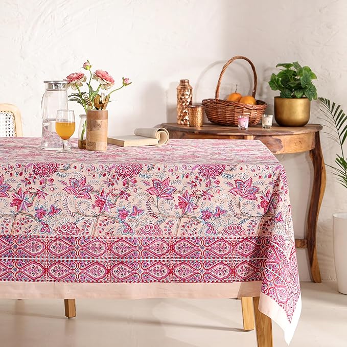 Hand Block Printed Table Cover - Exquisite Design, Premium Cotton Fabric, Perfect for Dining and Decor, Dining Table Linen (Rose Tangerine Grace, 8 Seater 72 x 108 Inches Rectangle)