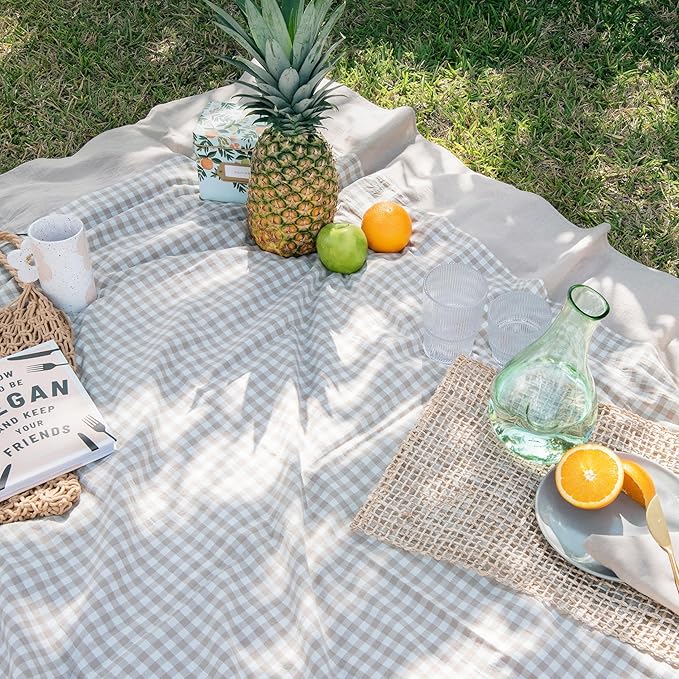 MONDAY MOOSE Gingham Checkered Farmhouse Rustic Picnic Style Decoration Square Natural Stonewashed Cotton Tablecloth for Kitchen, Dining Room, Restaurant (60" Square, Beige)