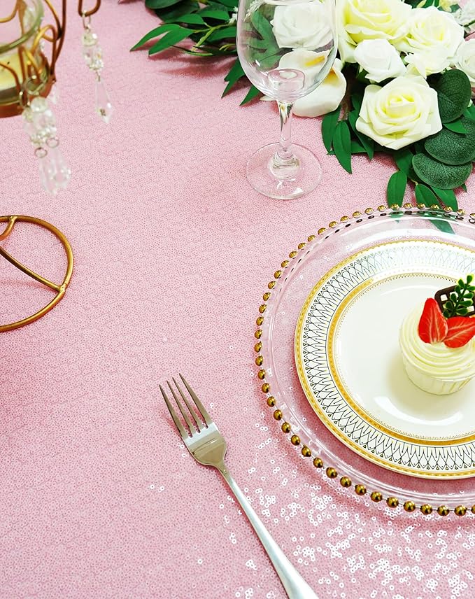 Eternal Beauty Pink Tablecloth, 60x102 Inch Sequin Rectangle Table Cover for Valentines Cake Dessert Exhibition Party Birthday Events