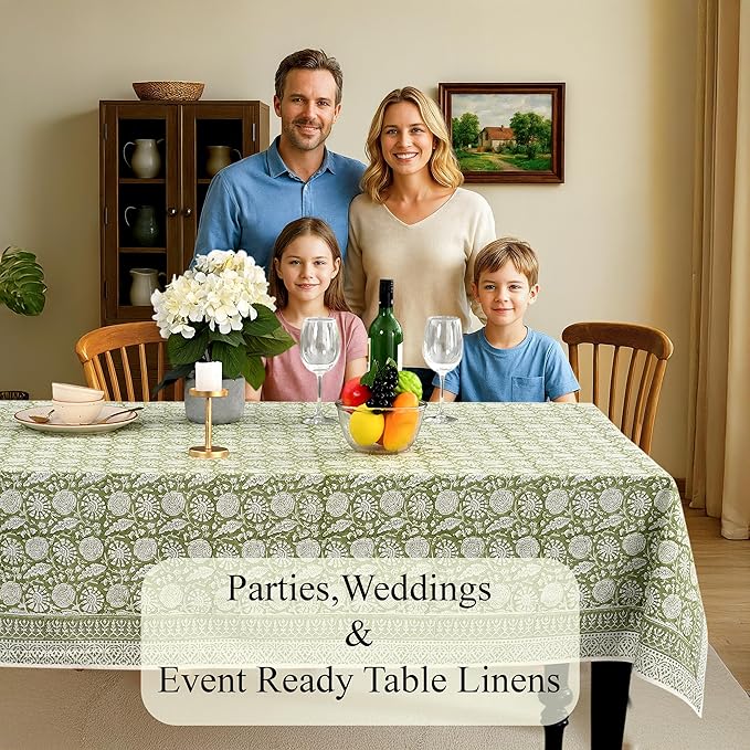 CPC Olive Bloom Tablecloth 100% Cotton 72x160 Inch Indian Block Print Rectangle Table Cover, Table Cloth for Gifting in Weddings, Halloween, Fall, Christmas, Thanksgiving