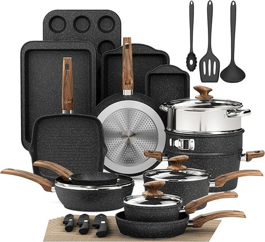 DishDelight Pots and Pans Set Non Stick, 30 Pieces Granite Kitchen Cookwar Sets with Nonstick Granite Coating, Baking Tray, Frying Pan and Saucepan, Induction Cooking Set, Black