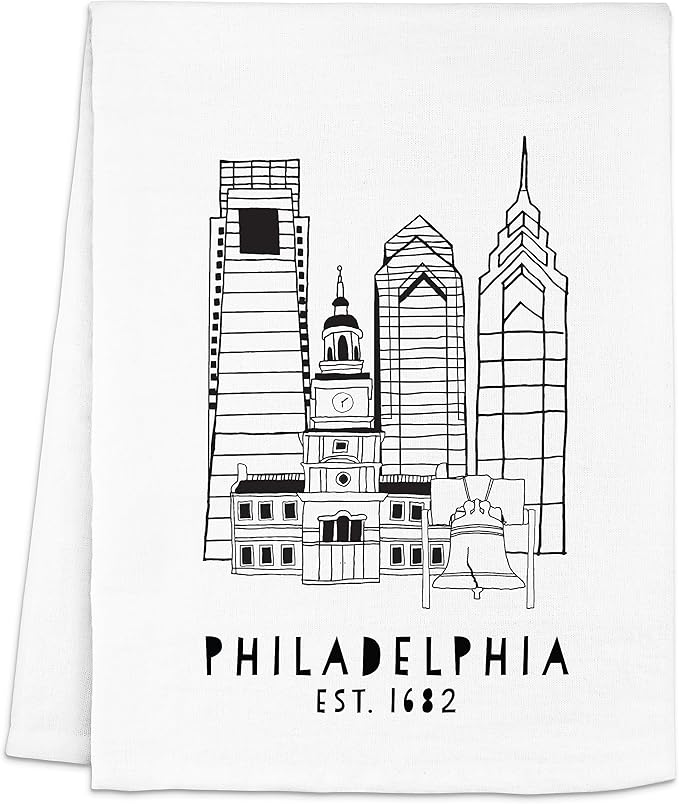 Moonlight Makers Original Flour Sack Dish Towel - 100% Cotton Kitchen Towels, Cute Cleaning Cloth, Lint-Free & Absorbent Kitchen Tea Linens for Dish Drying, 28inx28in - Philadelphia Skyline, White