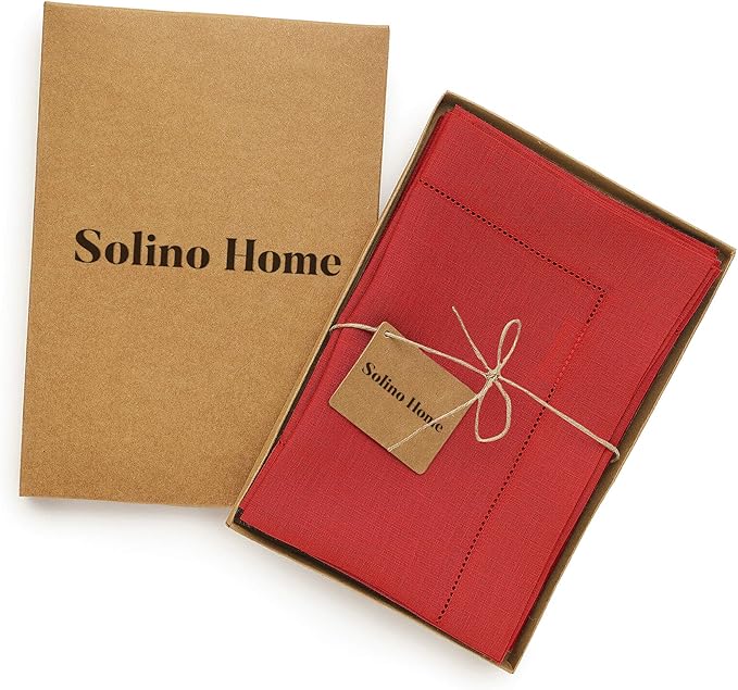 Solino Home Red Linen Napkins Set of 4-100% Pure Linen Hemstitch Dinner Napkins 20 x 20 Inch for Valentines, Winter - Classic Hemstitch