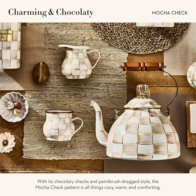 MACKENZIE-CHILDS Enamel Mug, Cute Enamelware Coffee and Tea Mug, Unique Drinkware, 16 Ounces, Brown-and-White Mocha Check, Set of 1
