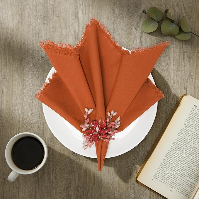 Lightnpro Cotton Napkins Set of 12, Beautiful Handmade Fringe Dinner Cloth Napkins, Washable and Reusable for Dining, Parties, Weddings, Holiday & Everyday Use - 18x18 Inch Rust Color