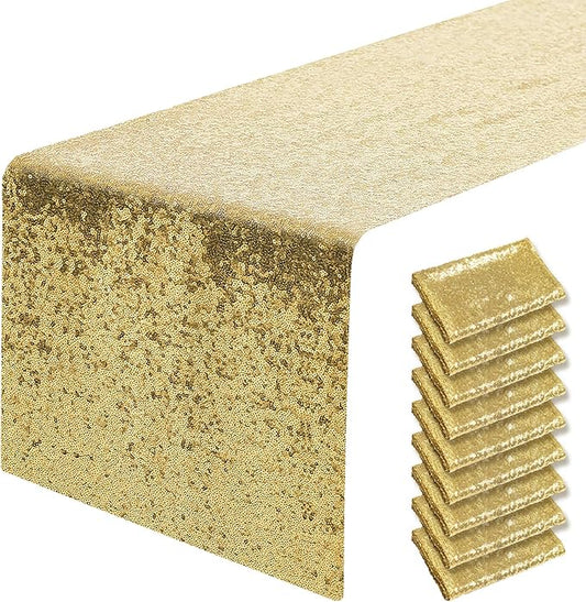 10 Packs 12 x 72 inches Gold Sequin Table Runner, Glitter Runner for Birthday Party Supplies Decorations Wedding Bachelorette Holiday Celebration Bridal Shower Baby Shower