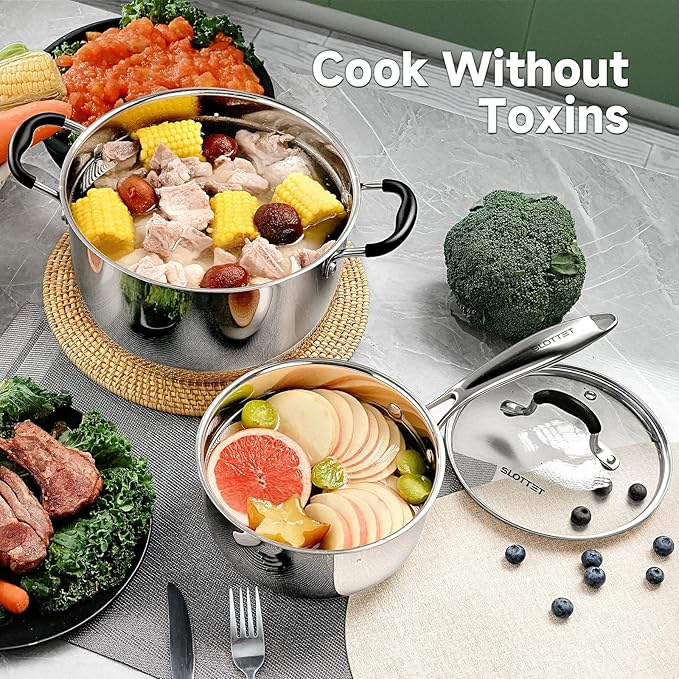 Stainless Steel Kitchen Cookware Set,11 Piece Pots and Pans Set with Steamer,Heat-resistant Handle,Non-Toxic,Induction,Oven,Dishwasher Safe