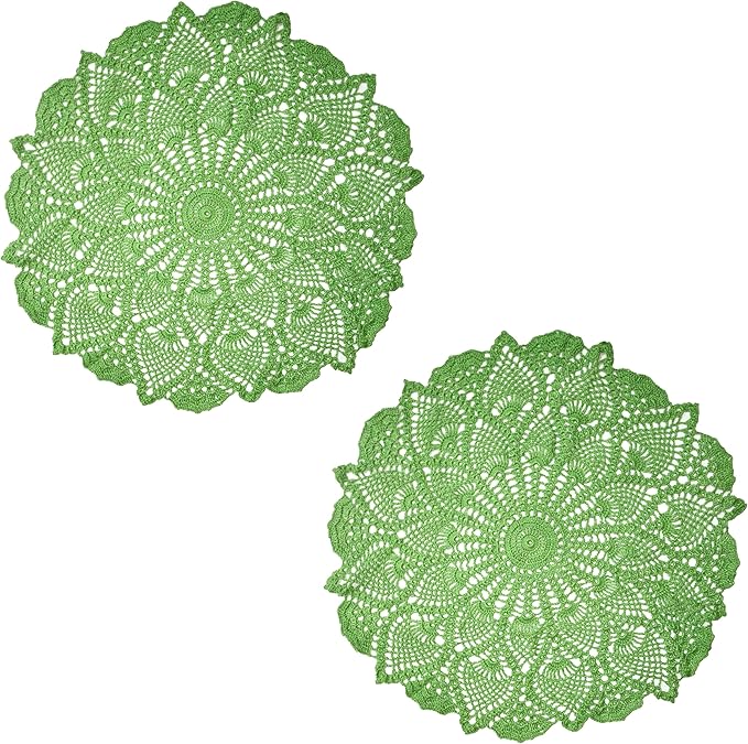 BIBITIME Lace Placemats Table Doilies Round Handmade Crochet Doily Kitchen Coffee Cup Mug Mats Dinner Place Mats (16 to 17.5 inches-2PCS, Light Green)