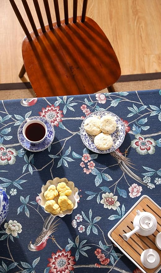 patdrea Designer Vintage Dark Blue Linen Rectangle Tablecloth,Navy French Floral and Birds Pattern Table Cloth,Decoration Table Cover for Kitchen,Dining,Tea Party,Home,Christmas,63"*102"