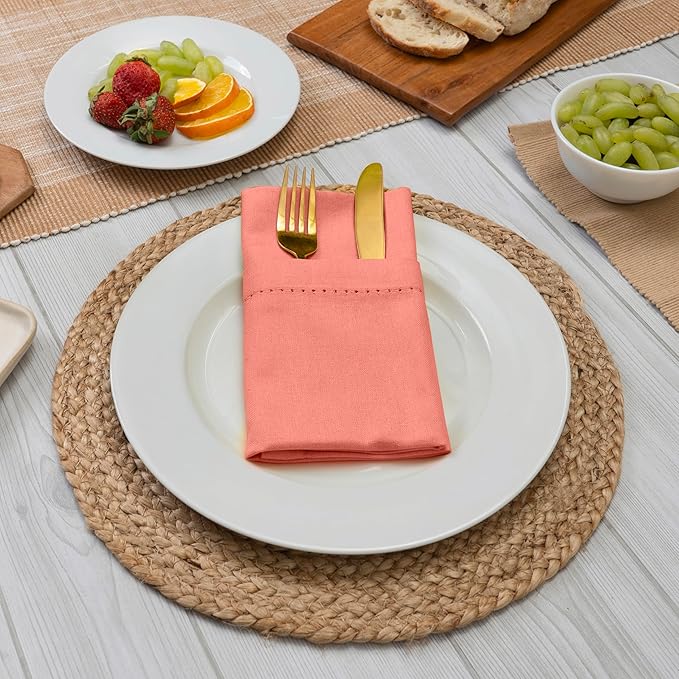 Blue Needles Set of 6 Hemstitch Linen Napkins 100% Cotton Salmon Cloth Dinner Napkins 18x18 inches, Soft, Reusable, Absorbent, Washable, Ideal for Wedding Events, Parties & Everyday Use